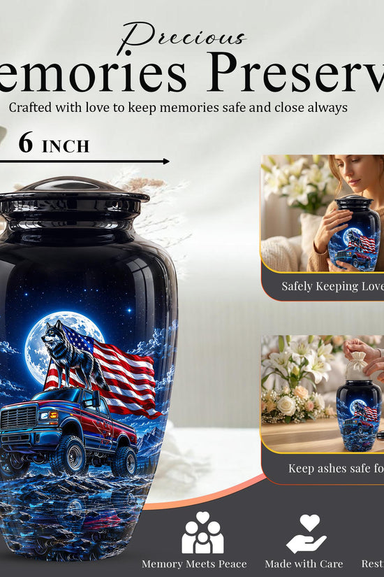 Personalized  Wolf Truck Cremation Urn, Patriotic American Flag Memorial Tribute