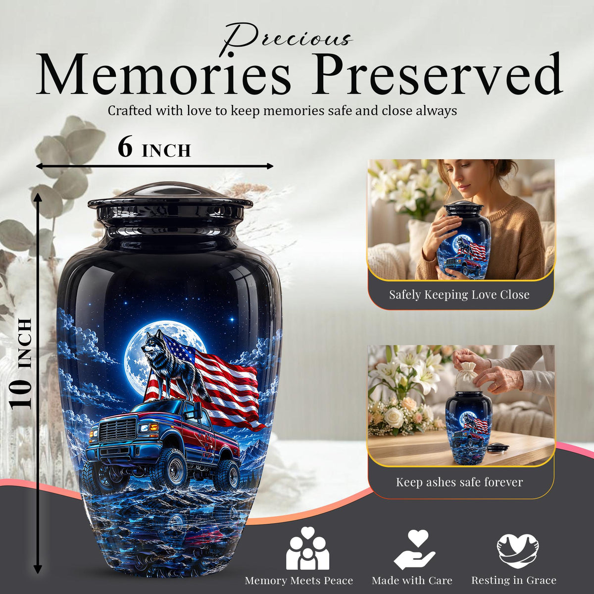 Personalized  Wolf Truck Cremation Urn, Patriotic American Flag Memorial Tribute