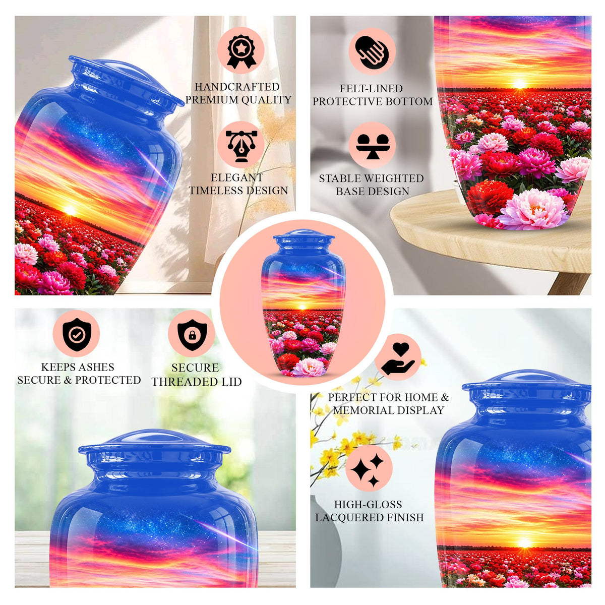 Personalized Floral Sunset Cremation Urn, Metal Memorial Keepsake