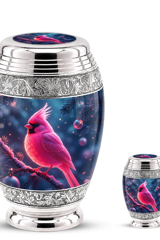 Personalized Pink Cardinal Cremation Urn, Silver-Tone Memorial Ashes Urn (Winter Scene)