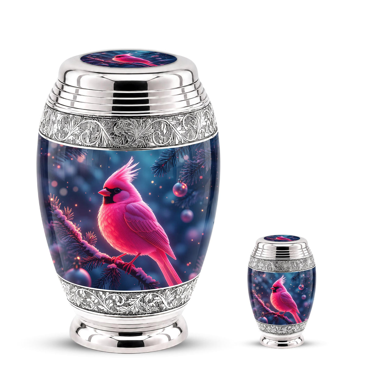Personalized Pink Cardinal Cremation Urn, Silver-Tone Memorial Ashes Urn (Winter Scene)