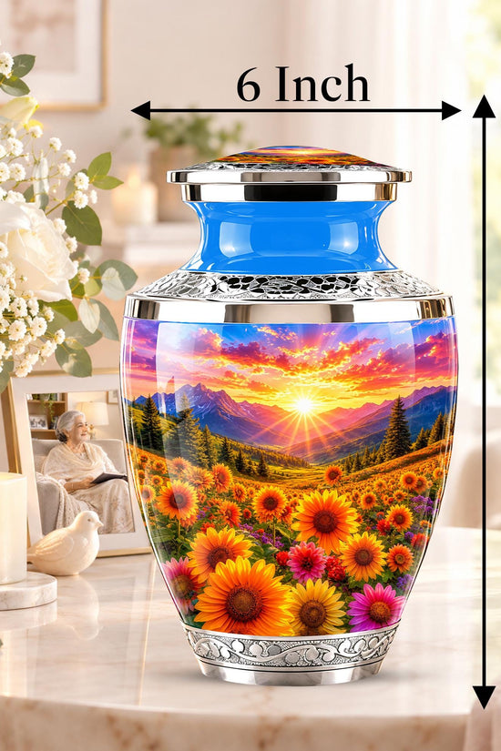Personalized Cremation Urn, Floral Sunset Mountain Landscape, Memorial Keepsake