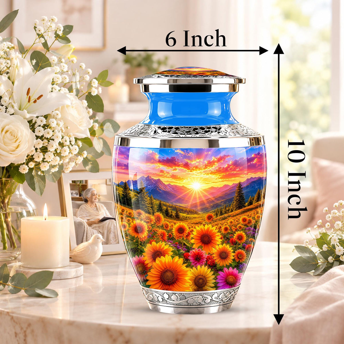Personalized Cremation Urn, Floral Sunset Mountain Landscape, Memorial Keepsake