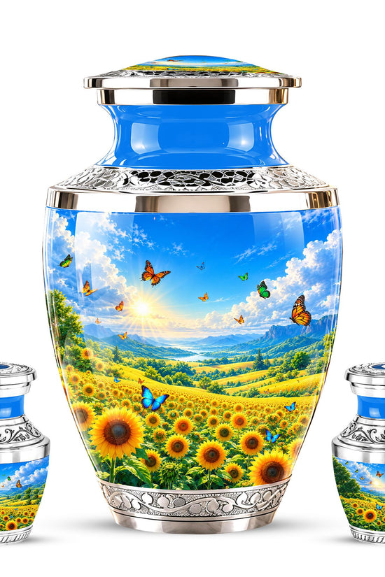 Sunflower Cremation Urn for Ashes - Silver Butterfly Memorial Urn