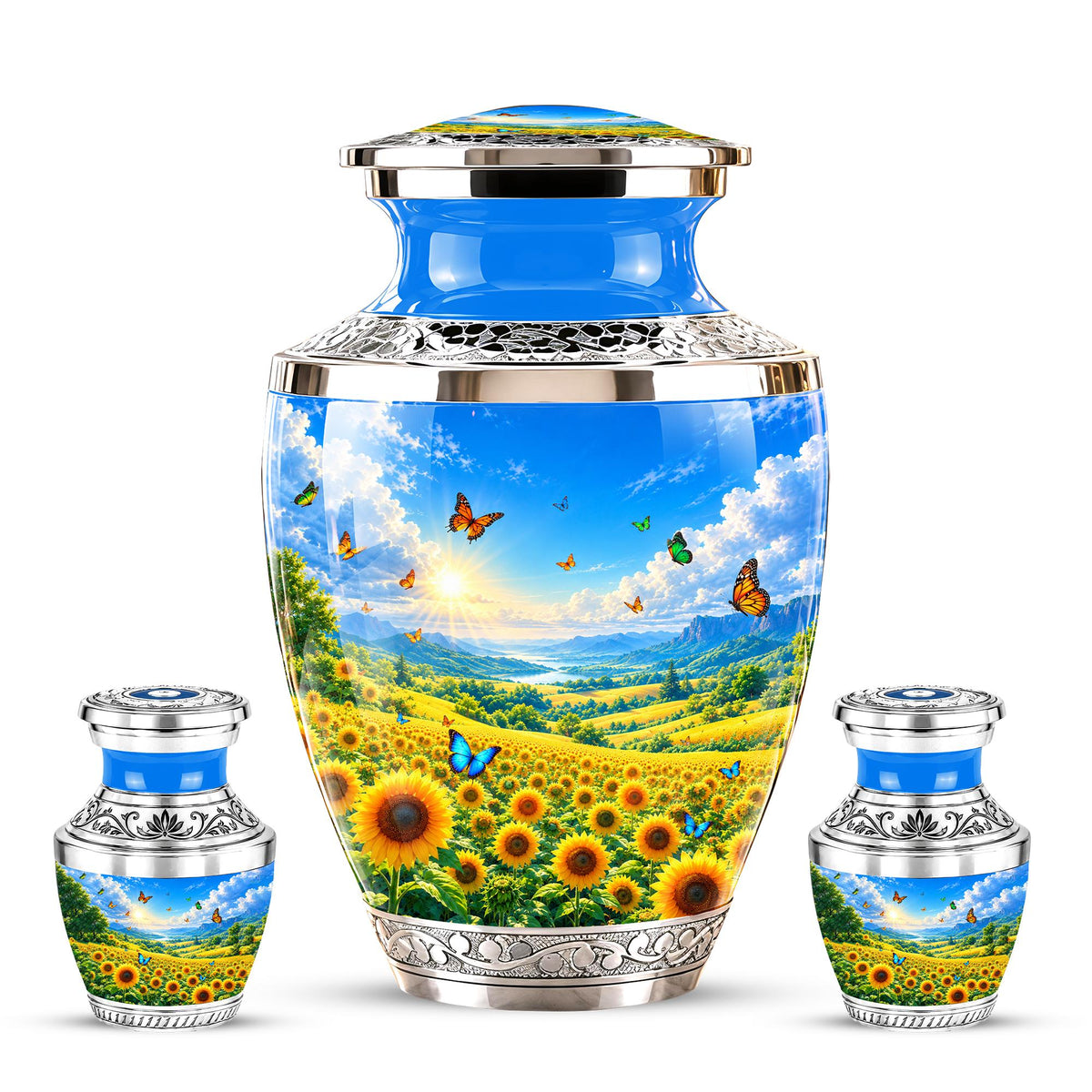 Sunflower Cremation Urn for Ashes - Silver Butterfly Memorial Urn