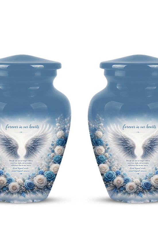 Personalized Angel Wings Cremation Urn - Blue Roses Memorial Keepsake Urn