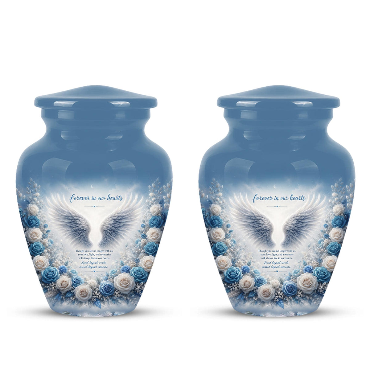 Personalized Angel Wings Cremation Urn - Blue Roses Memorial Keepsake Urn