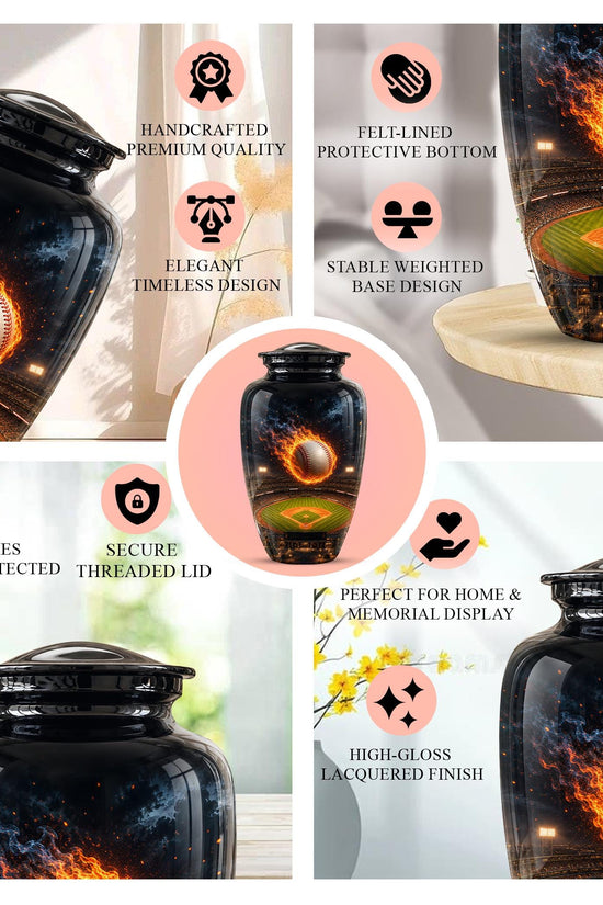 Baseball Cremation Urn for Ashes - Flaming Baseball Memorial Urn