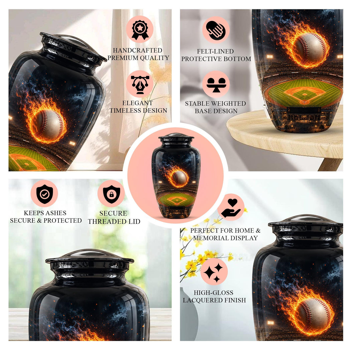 Baseball Cremation Urn for Ashes - Flaming Baseball Memorial Urn