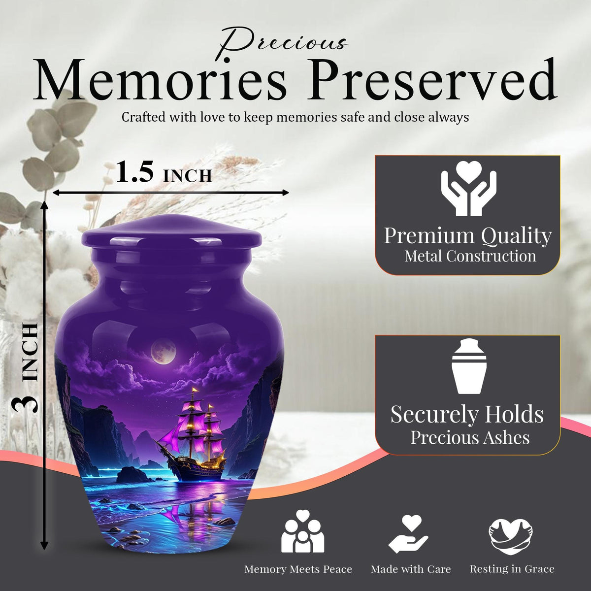Personalized Pirate Ship Urn, Moonlit Ocean Cremation Memorial Keepsake