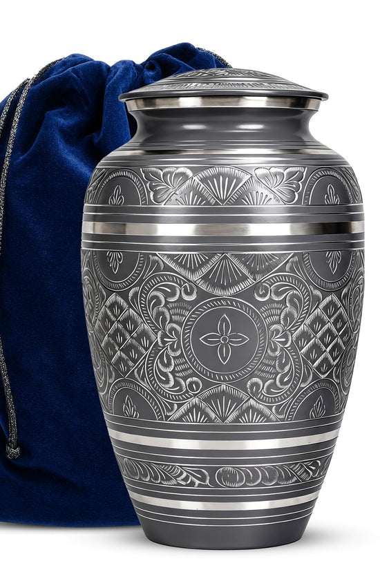 Black and Silver Brass Cremation Urn for Ashes - Ornate Engraved Memorial Urn