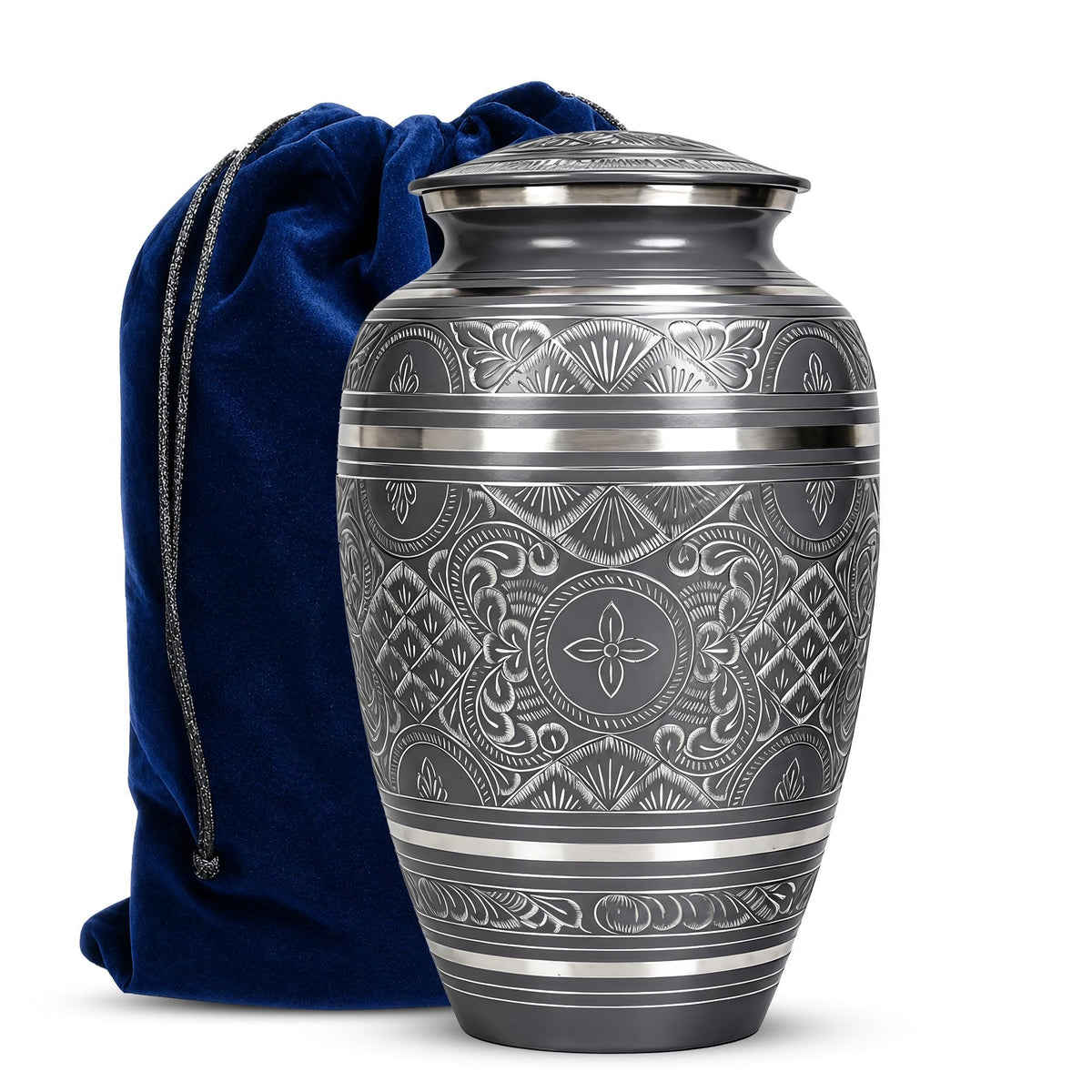 Black and Silver Brass Cremation Urn for Ashes - Ornate Engraved Memorial Urn