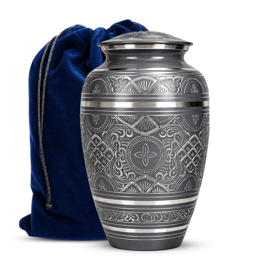 Black and Silver Brass Cremation Urn for Ashes - Ornate Engraved Memorial Urn
