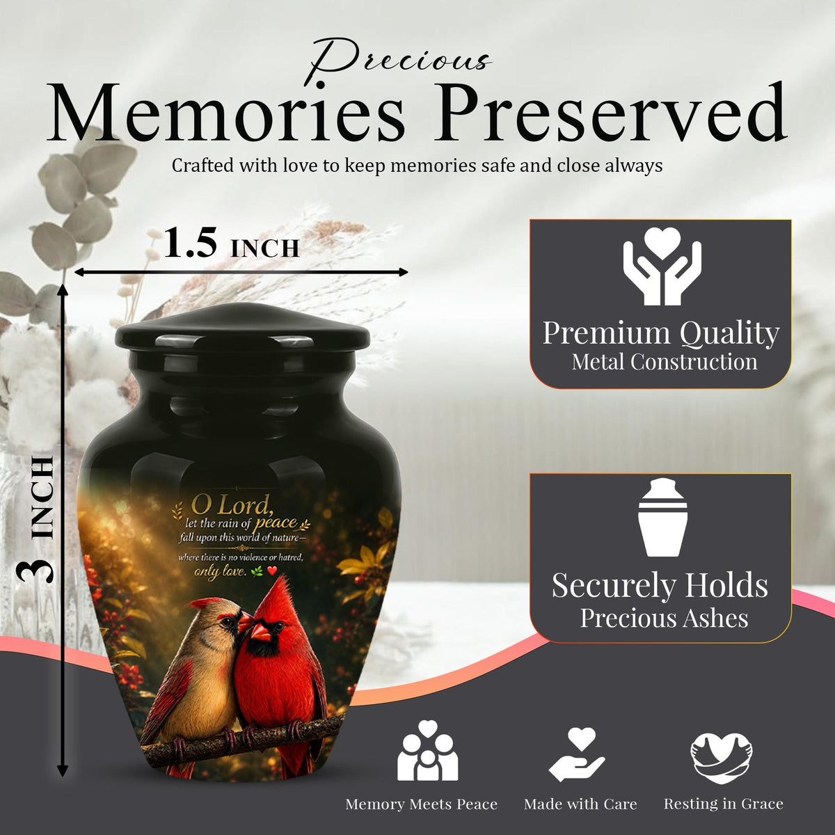 Cardinal Cremation Urn, Vibrant Bird Memorial Tribute, Christian Peace Keepsake