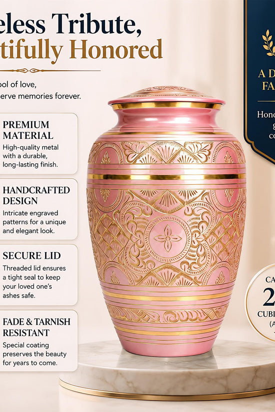 Pink and Gold Brass Cremation Urn for Ashes - Rose Gold Ornamental Memorial Urn