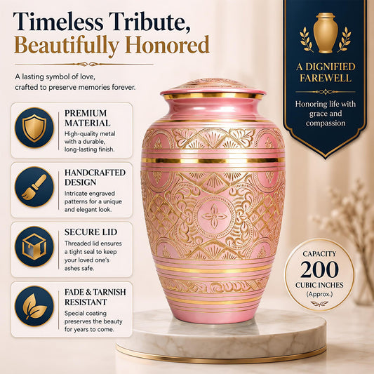 Pink and Gold Brass Cremation Urn for Ashes - Rose Gold Ornamental Memorial Urn
