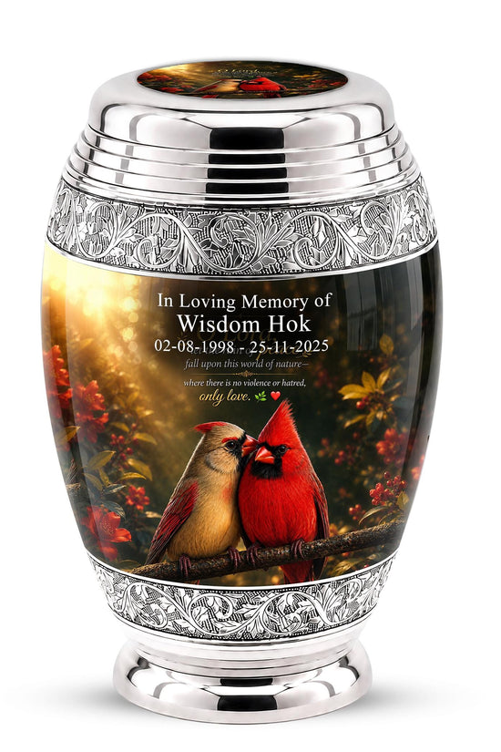 Personalized Cardinal Cremation Urn, Silver-Tone Memorial Ashes Urn, Floral Nature Scene