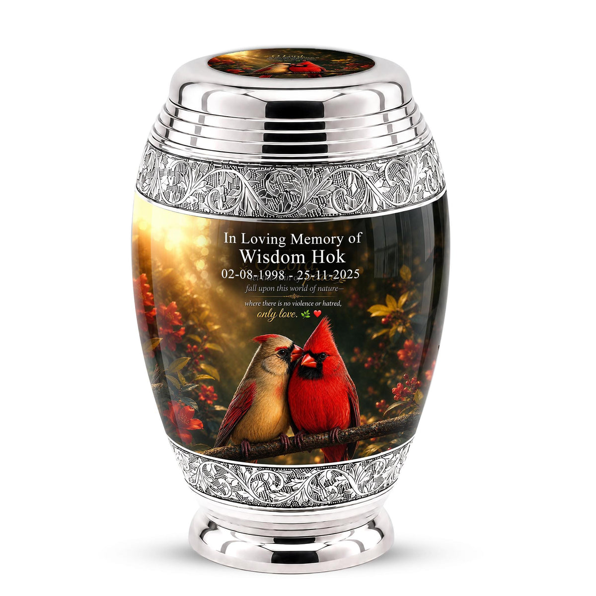 Personalized Cardinal Cremation Urn, Silver-Tone Memorial Ashes Urn, Floral Nature Scene