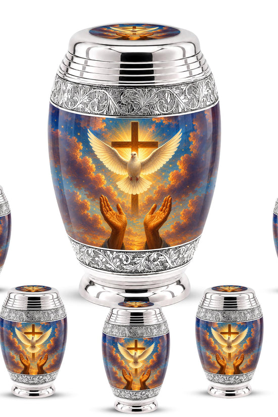 Personalized Christian Cremation Urn, Dove & Cross Memorial Ashes (Silver Tone)