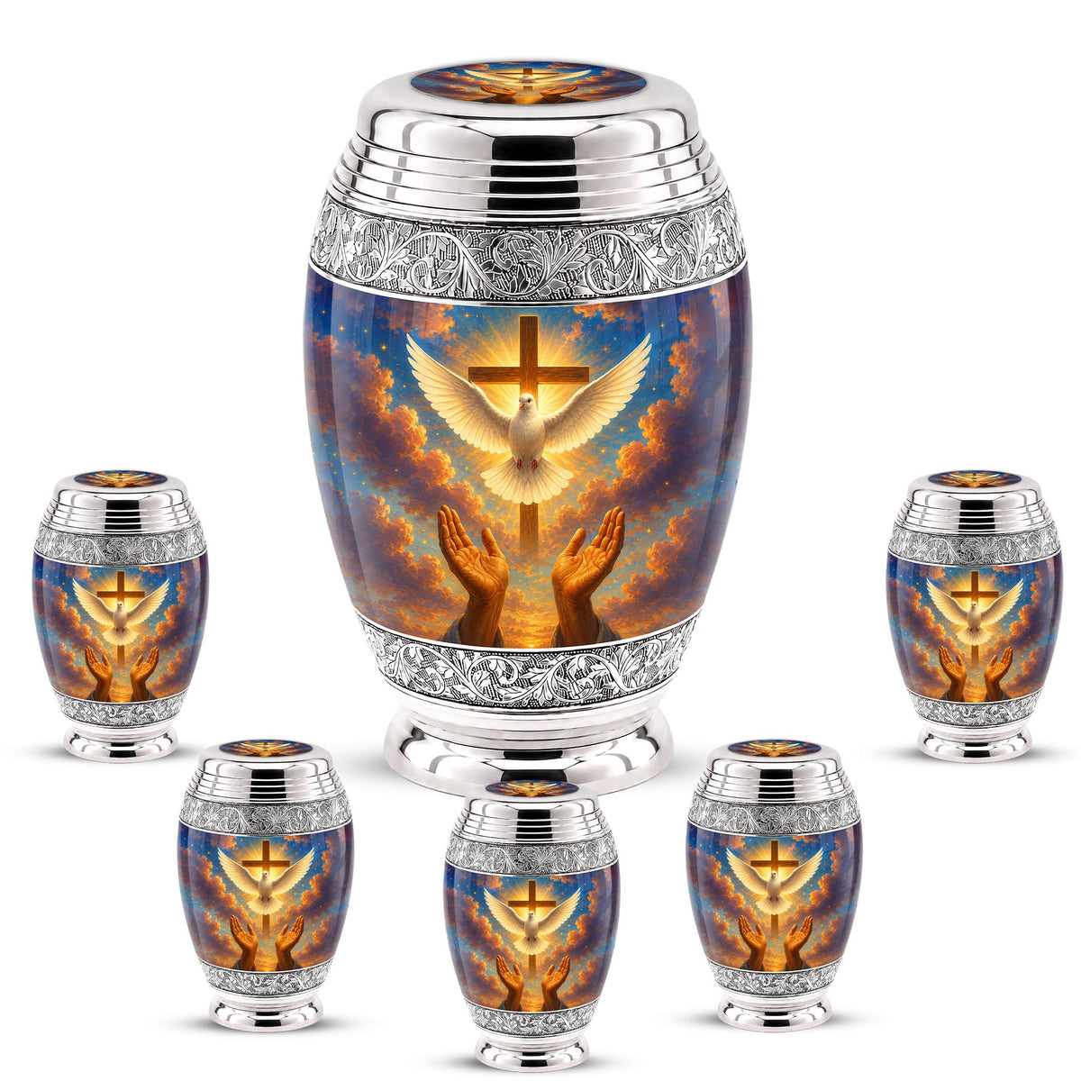 Personalized Christian Cremation Urn, Dove & Cross Memorial Ashes (Silver Tone)