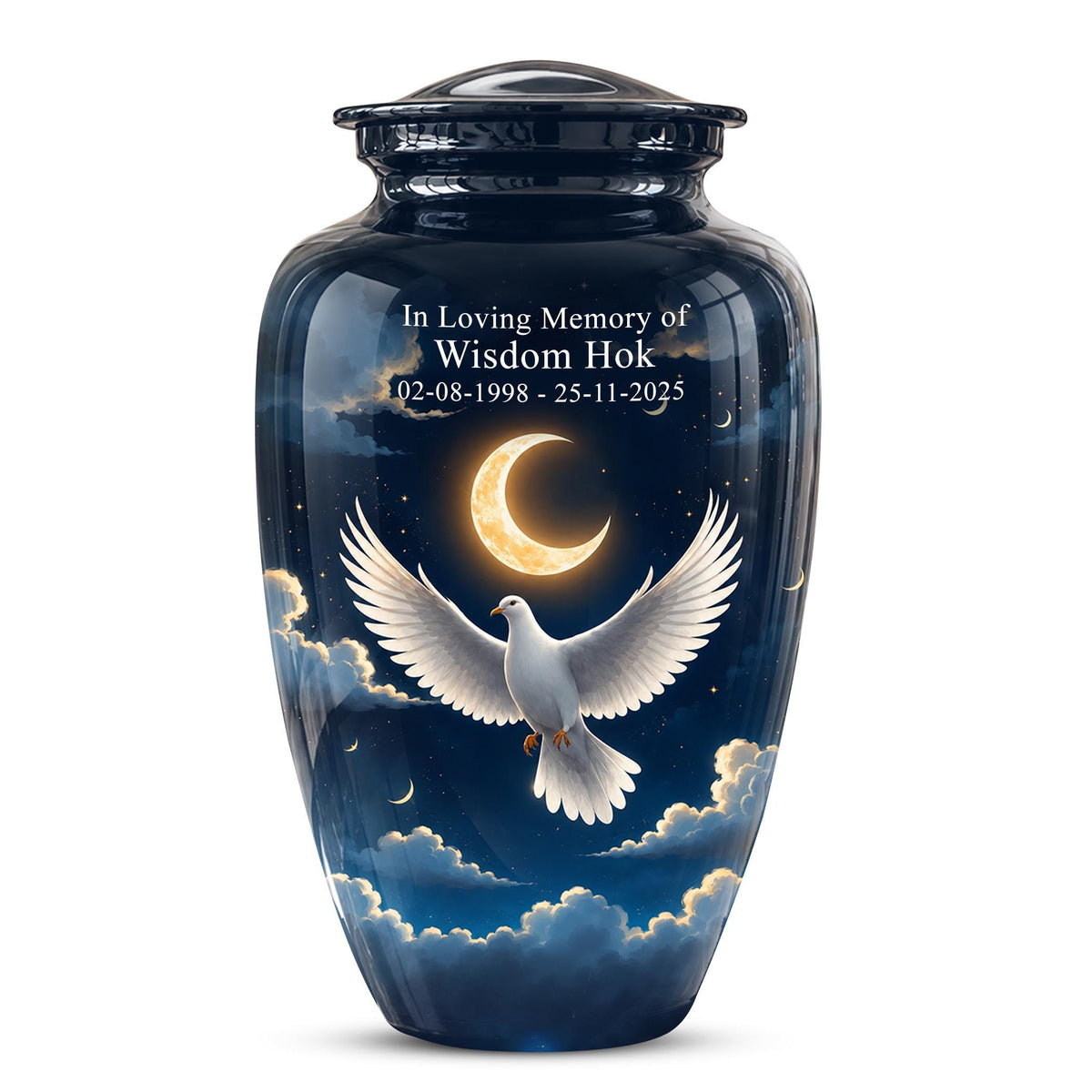 Personalized White Dove Cremation Urn for Ashes - Crescent Moon Memorial Urn, Heavenly Dove