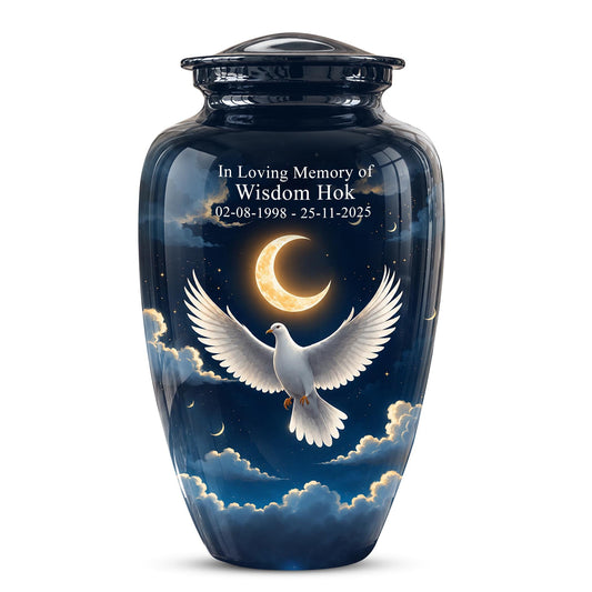 Personalized White Dove Cremation Urn for Ashes - Crescent Moon Memorial Urn, Heavenly Dove