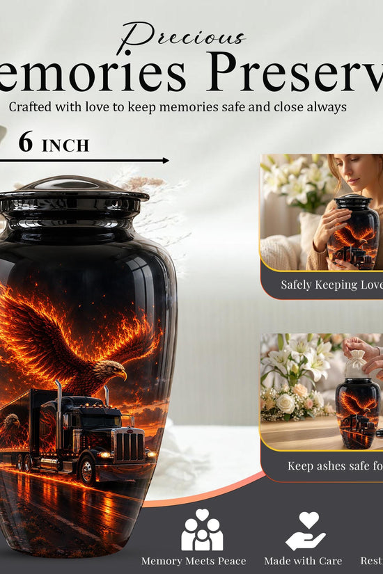 Eagle and Semi Truck Cremation Urn for Ashes - Fiery Bald Eagle Memorial Urn