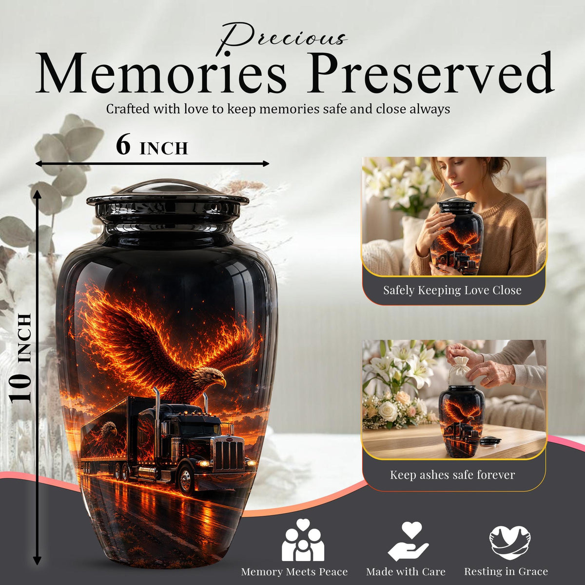 Eagle and Semi Truck Cremation Urn for Ashes - Fiery Bald Eagle Memorial Urn