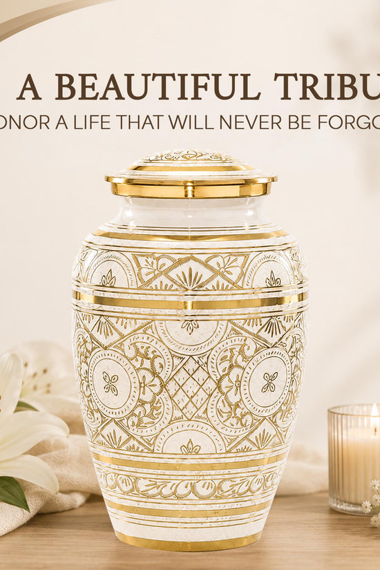 Ivory and Gold Brass Cremation Urn for Ashes - White Ornamental Memorial Urn