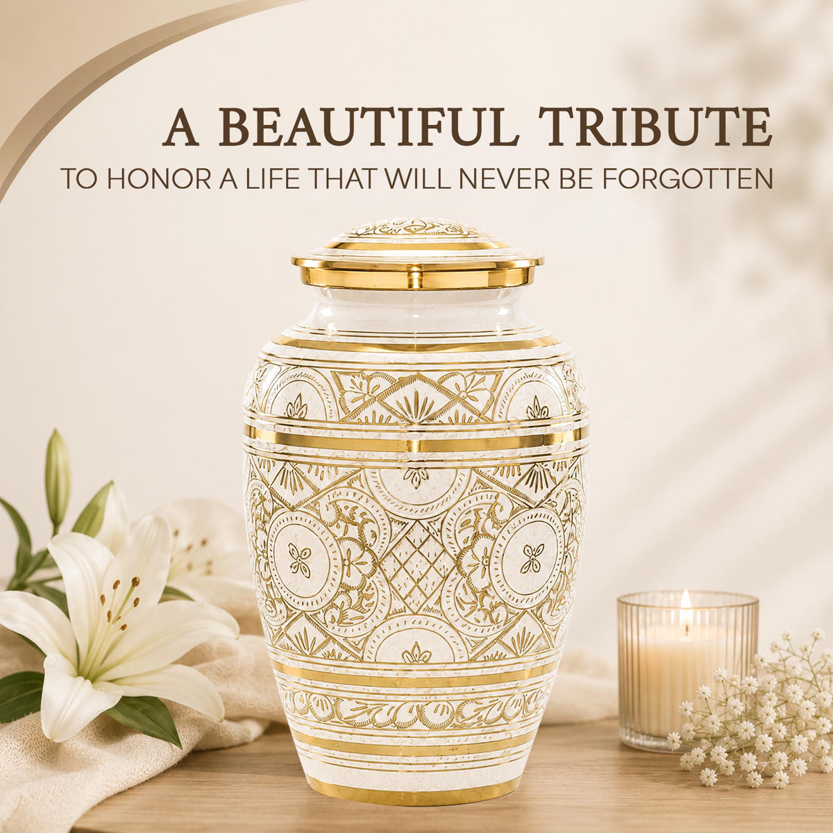 Ivory and Gold Brass Cremation Urn for Ashes - White Ornamental Memorial Urn