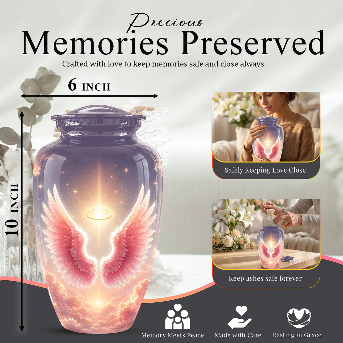 Pink Angel Wings Memorial Urn - Personalized Heavenly Cremation Urn