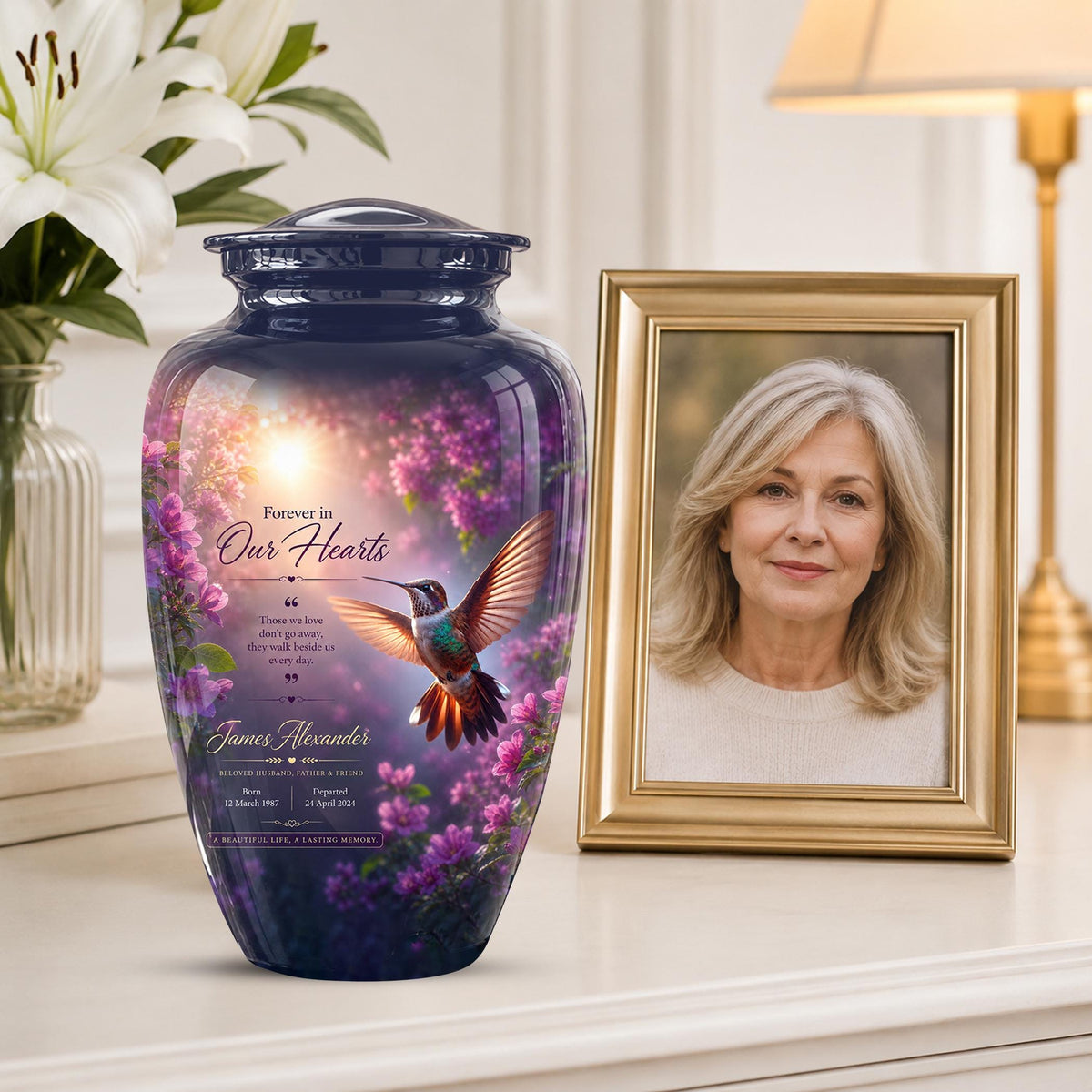 Personalized Hummingbird Cremation Urn - Floral Memorial Tribute for Ashes