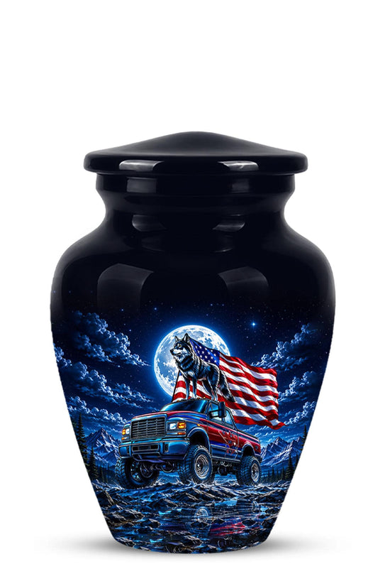 Personalized  Wolf Truck Cremation Urn, Patriotic American Flag Memorial Tribute