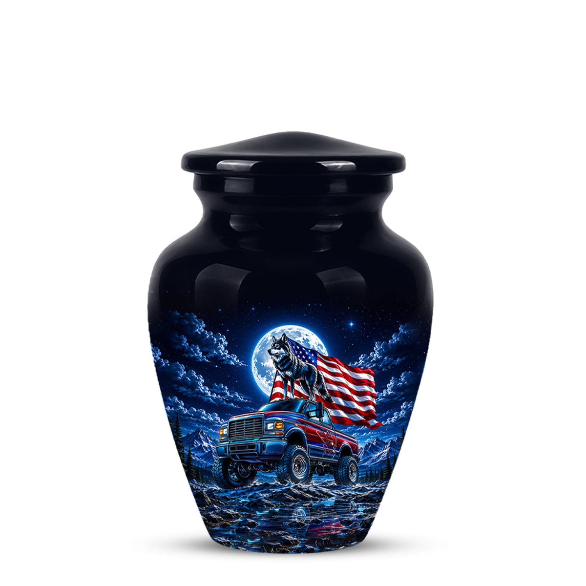 Personalized  Wolf Truck Cremation Urn, Patriotic American Flag Memorial Tribute