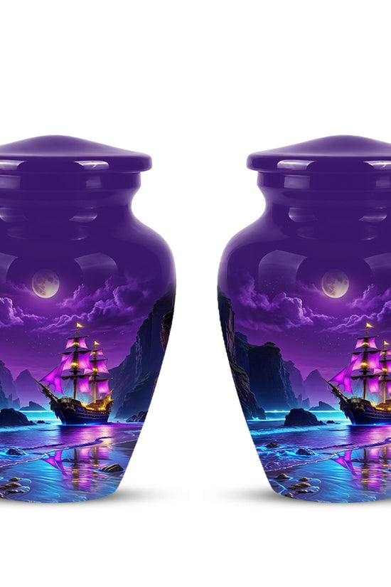 Personalized Pirate Ship Urn, Moonlit Ocean Cremation Memorial Keepsake