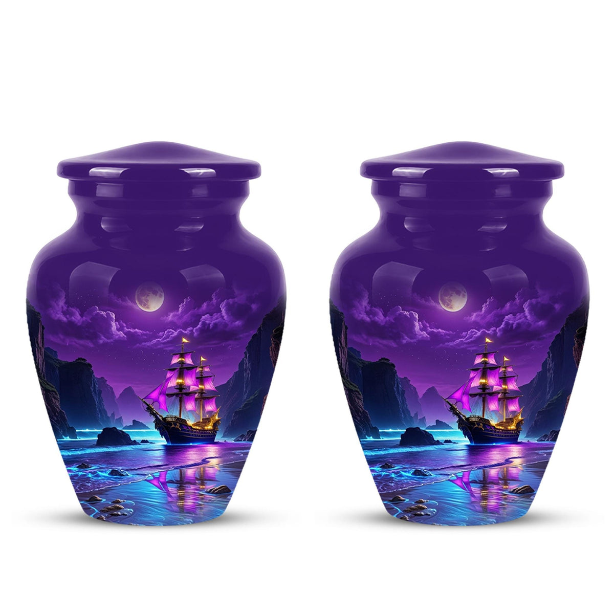 Personalized Pirate Ship Urn, Moonlit Ocean Cremation Memorial Keepsake