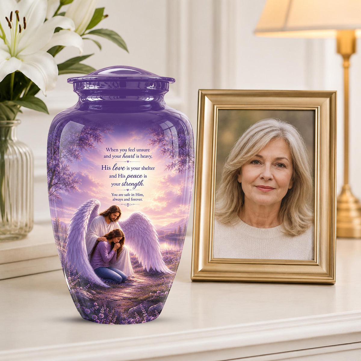 Personalized Angel Cremation Urn for Ashes - Mother and Daughter Memorial Urn, Purple Angel Wings