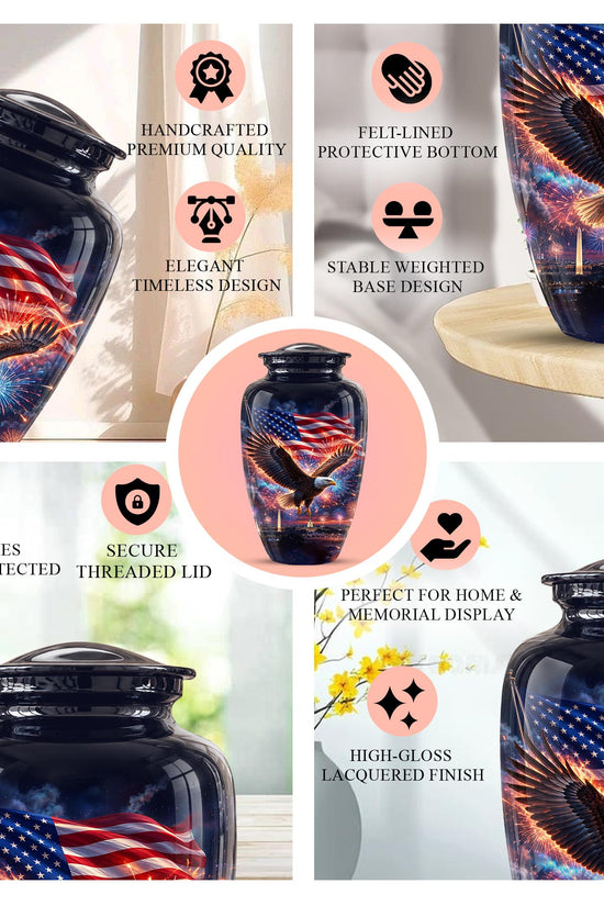 American Flag Eagle Cremation Urn for Ashes - Patriotic Bald Eagle Memorial Urn