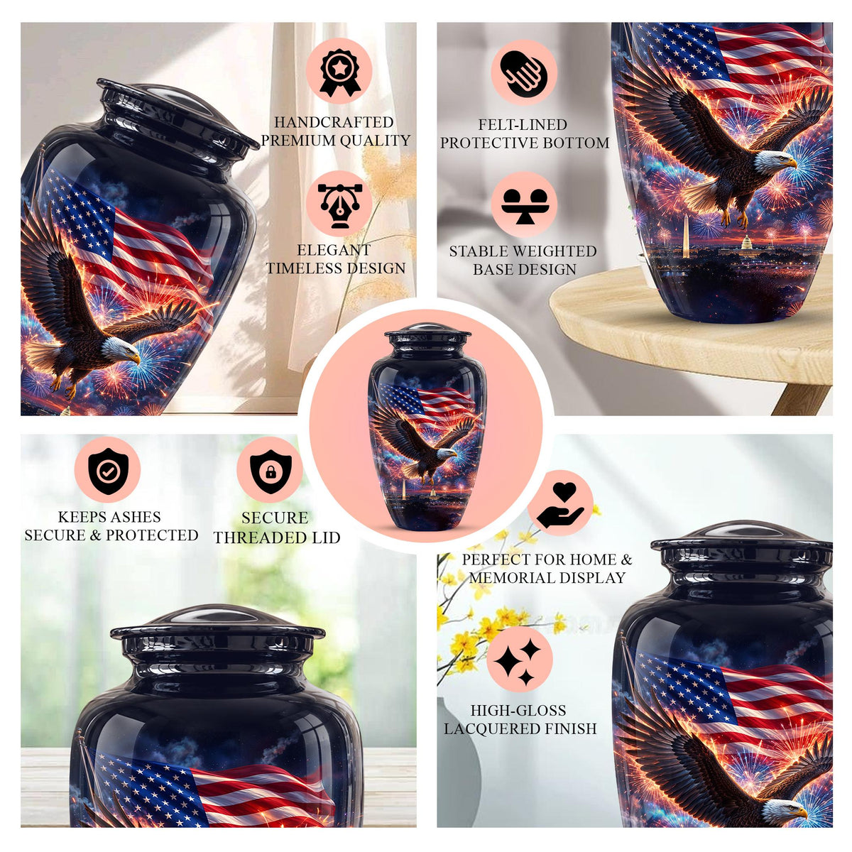American Flag Eagle Cremation Urn for Ashes - Patriotic Bald Eagle Memorial Urn