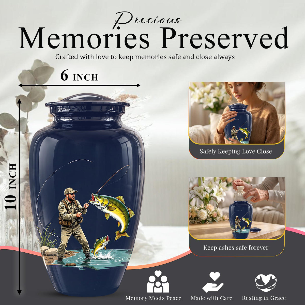 Personalized Fishing Cremation Urn for Ashes - Fisherman Memorial Urn, Fishing Tribute Urn