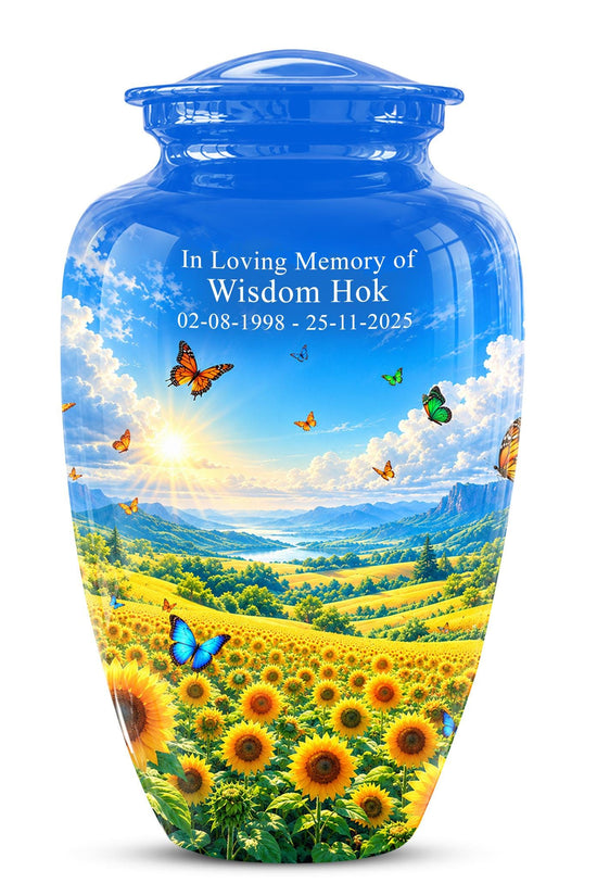 Butterfly and Sunflower Cremation Urn for Ashes - Blue Sky Floral Memorial Urn