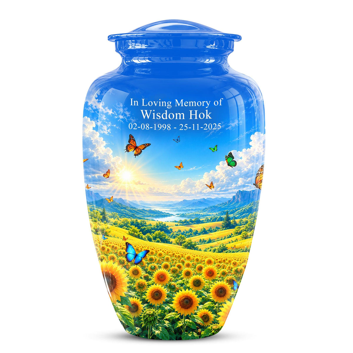 Butterfly and Sunflower Cremation Urn for Ashes - Blue Sky Floral Memorial Urn