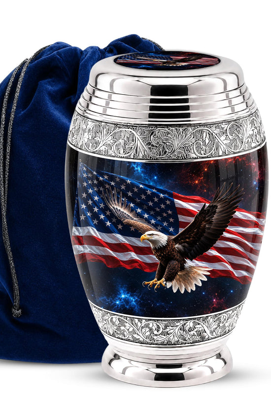 American Flag Eagle Cremation Urn for Ashes - Silver Patriotic Bald Eagle Memorial Urn