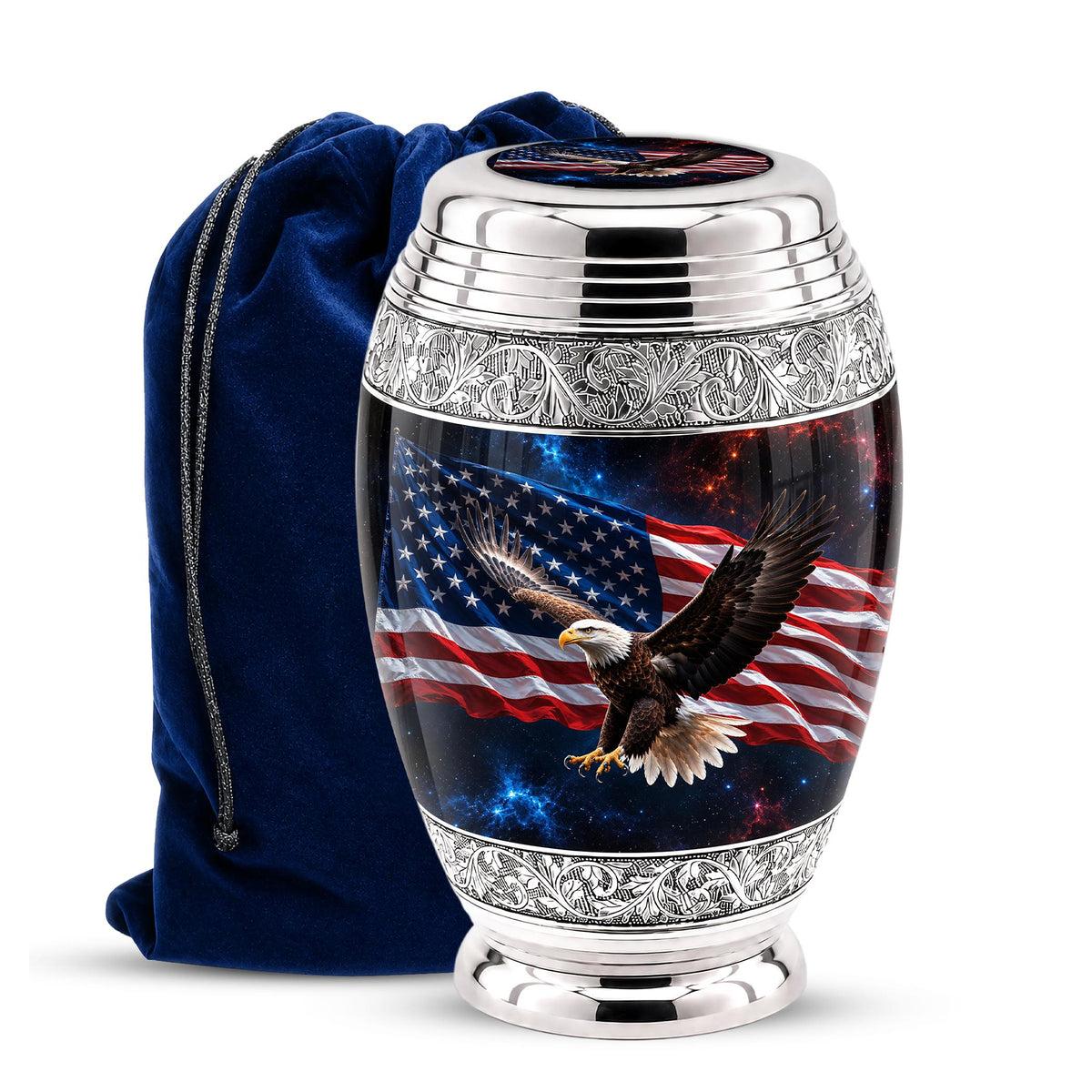 American Flag Eagle Cremation Urn for Ashes - Silver Patriotic Bald Eagle Memorial Urn