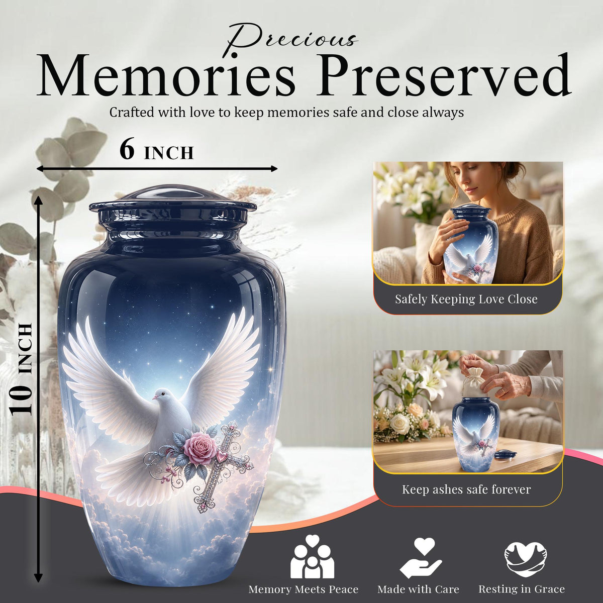 Personalized Dove Cremation Urn for Ashes, White Dove Memorial Urn, Pink Rose Religious Tribute Urn - Heavenly Peace Memorial