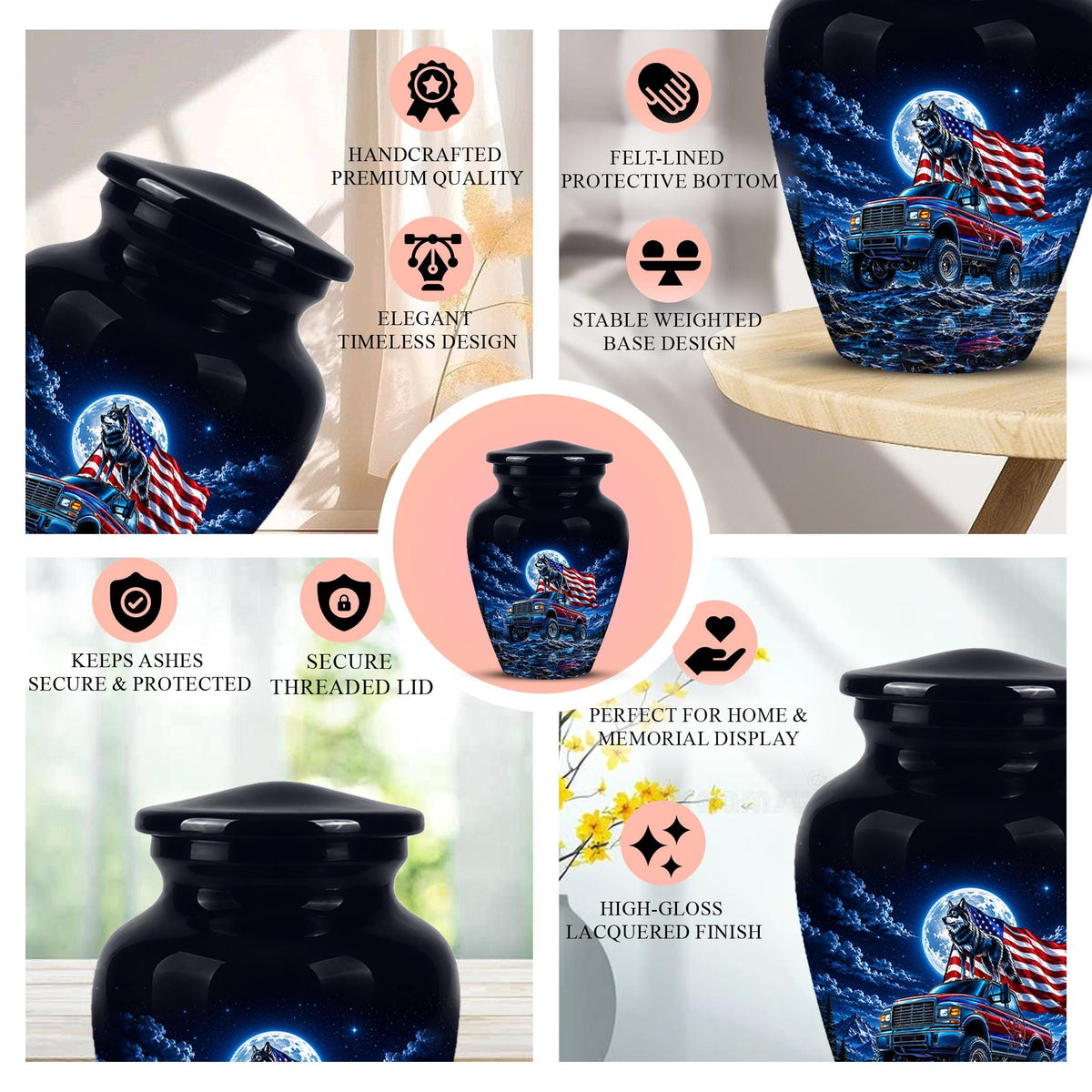 Personalized  Wolf Truck Cremation Urn, Patriotic American Flag Memorial Tribute