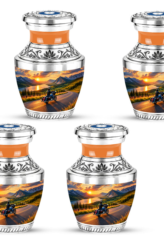 Personalized Motorcycle Cremation Urn, Mountain Road Sunset Rider Memorial
