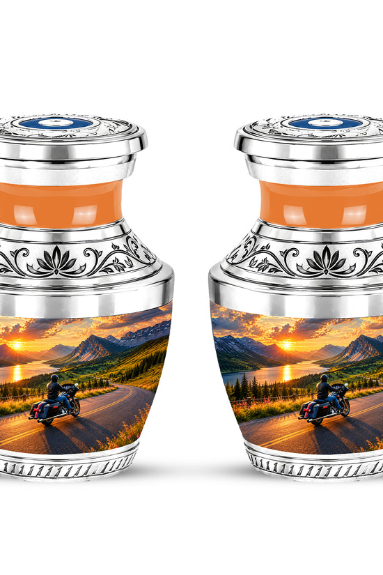 Personalized Motorcycle Cremation Urn, Mountain Road Sunset Rider Memorial