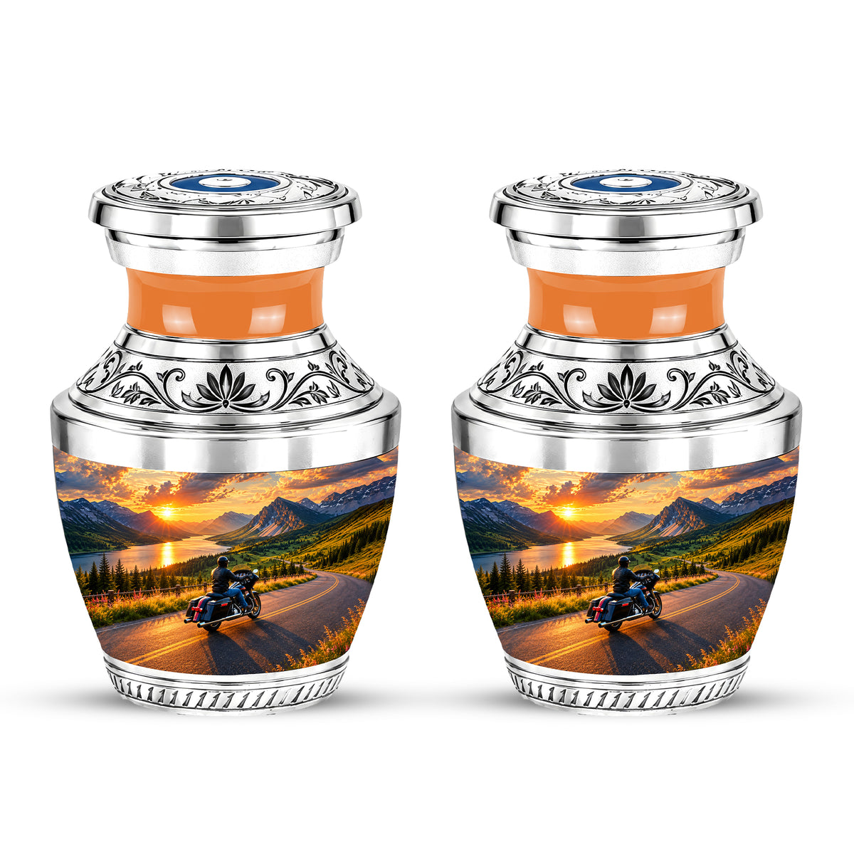 Personalized Motorcycle Cremation Urn, Mountain Road Sunset Rider Memorial