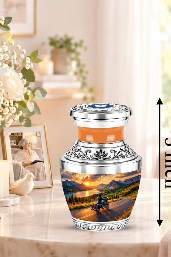 Personalized Motorcycle Cremation Urn, Mountain Road Sunset Rider Memorial